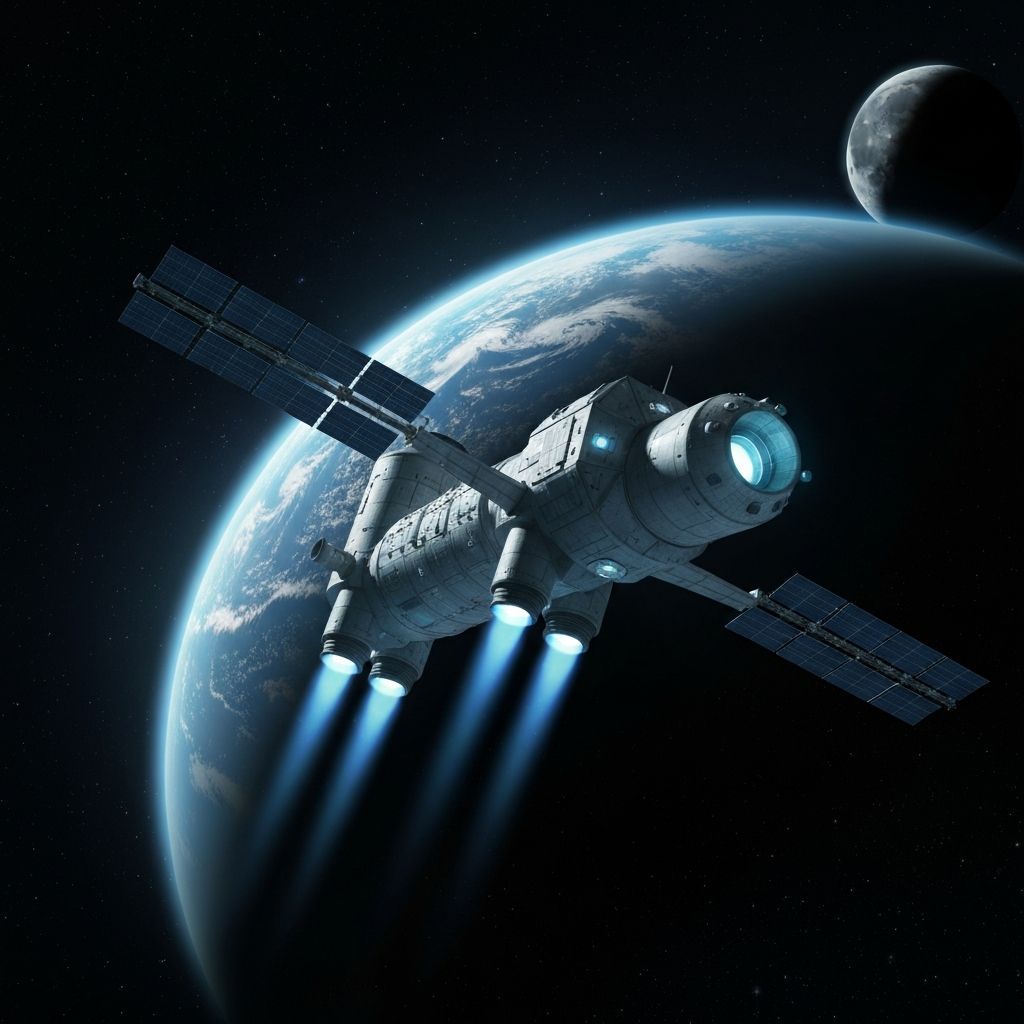 Sleek reusable Cislunar Tug spacecraft with solar panels and ion engines in orbit
