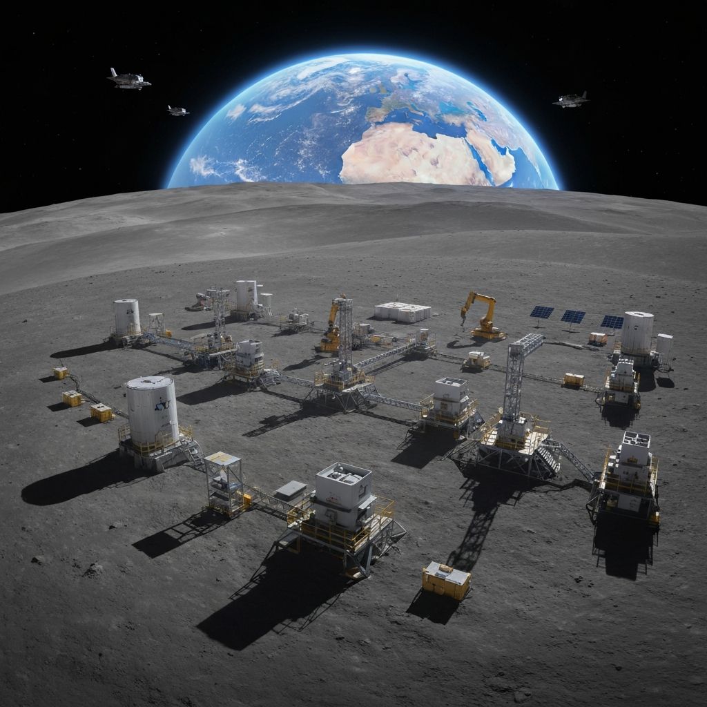 XAI Luna Forge industrial manufacturing base on the lunar surface with robotic arms, solar arrays, and Cislunar Tugs in orbit overhead