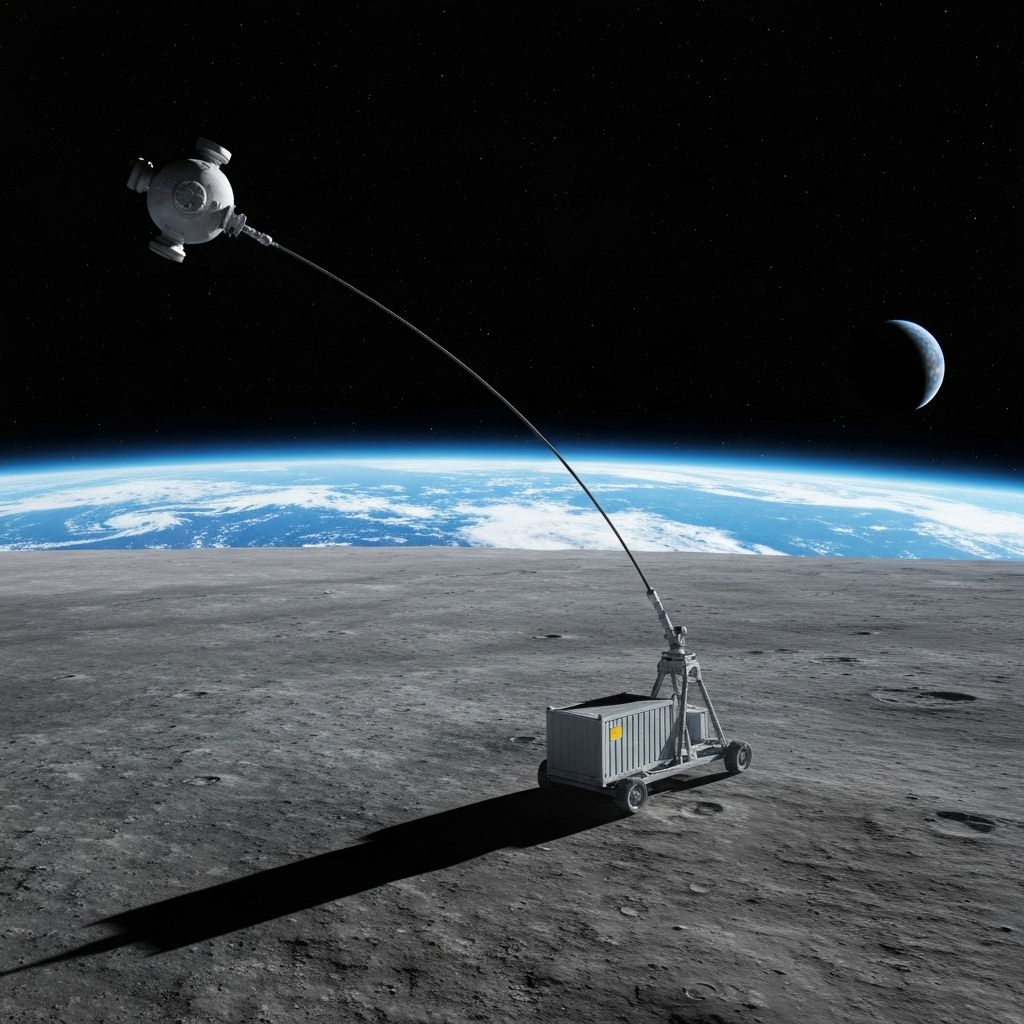 Momentum tether system lowering cargo towards the lunar surface from orbit