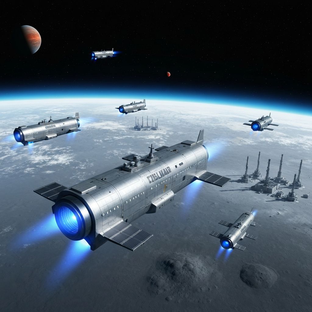 Ambitious view of the future cislunar economy with multiple Cislunar Tugs operating between Earth and Moon, lunar industrial base active, and Mars visible in the distance